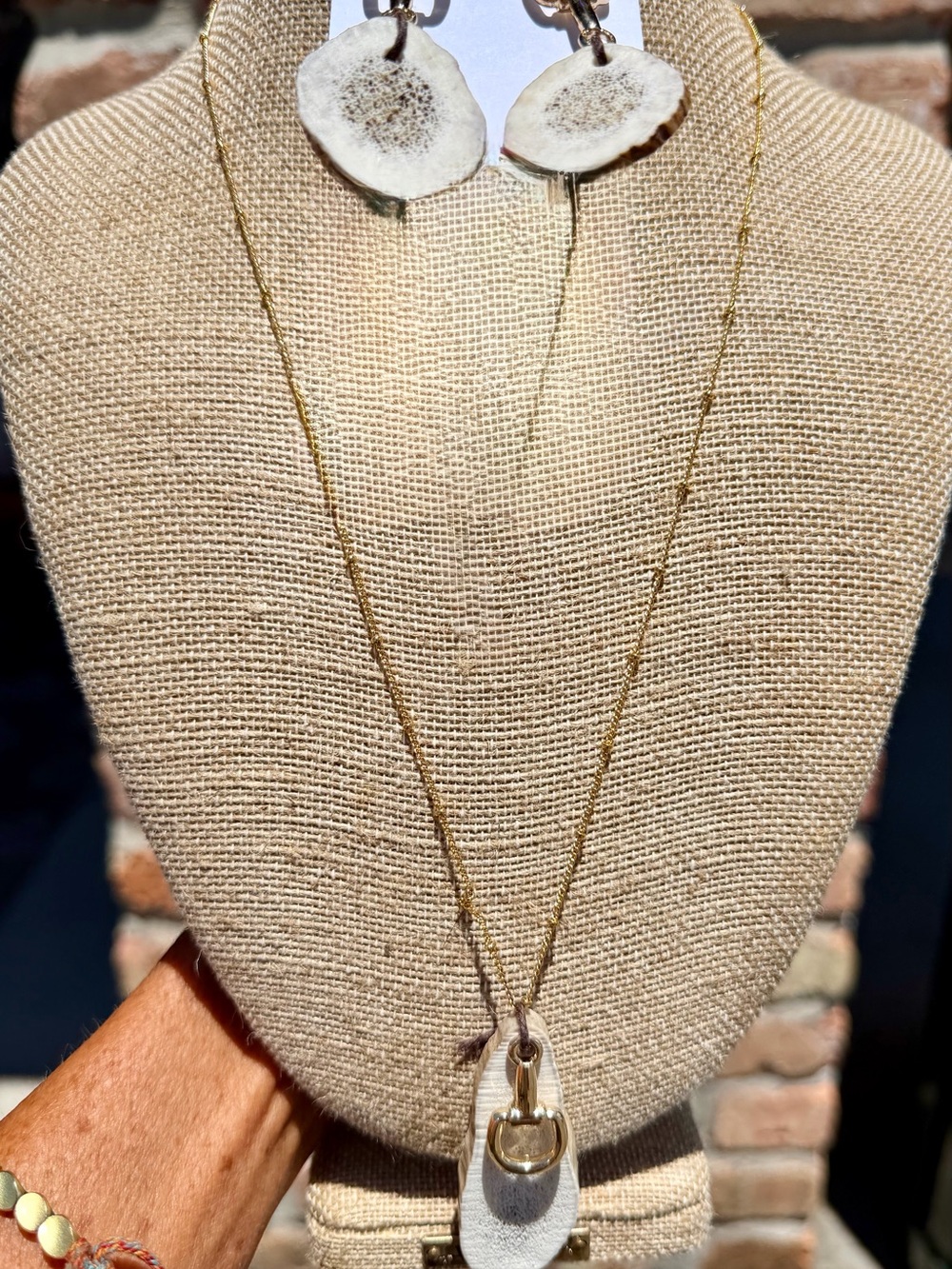 Handmade Deer Antler Slab Necklace & Earrings W/ Snaffle Bit Accent
